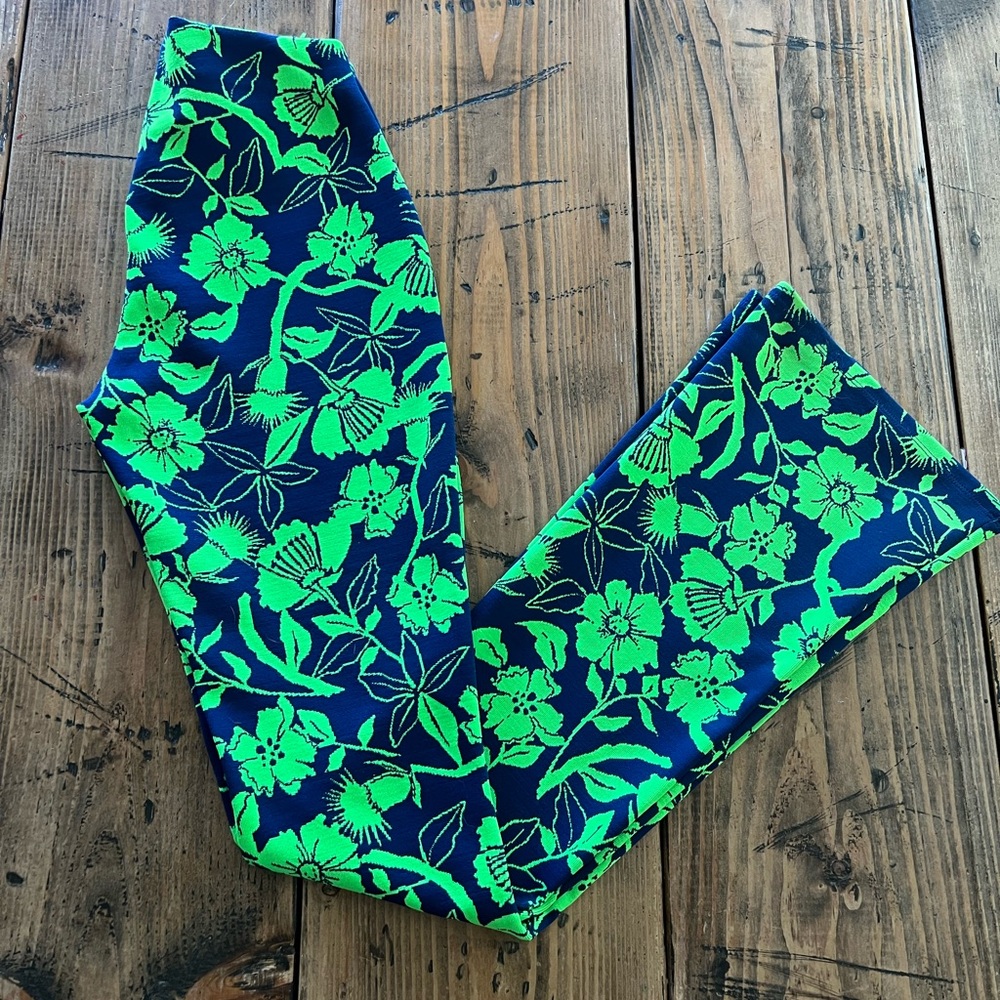 Zara jacquard floral print high waisted flare lime navy pants and crop top set